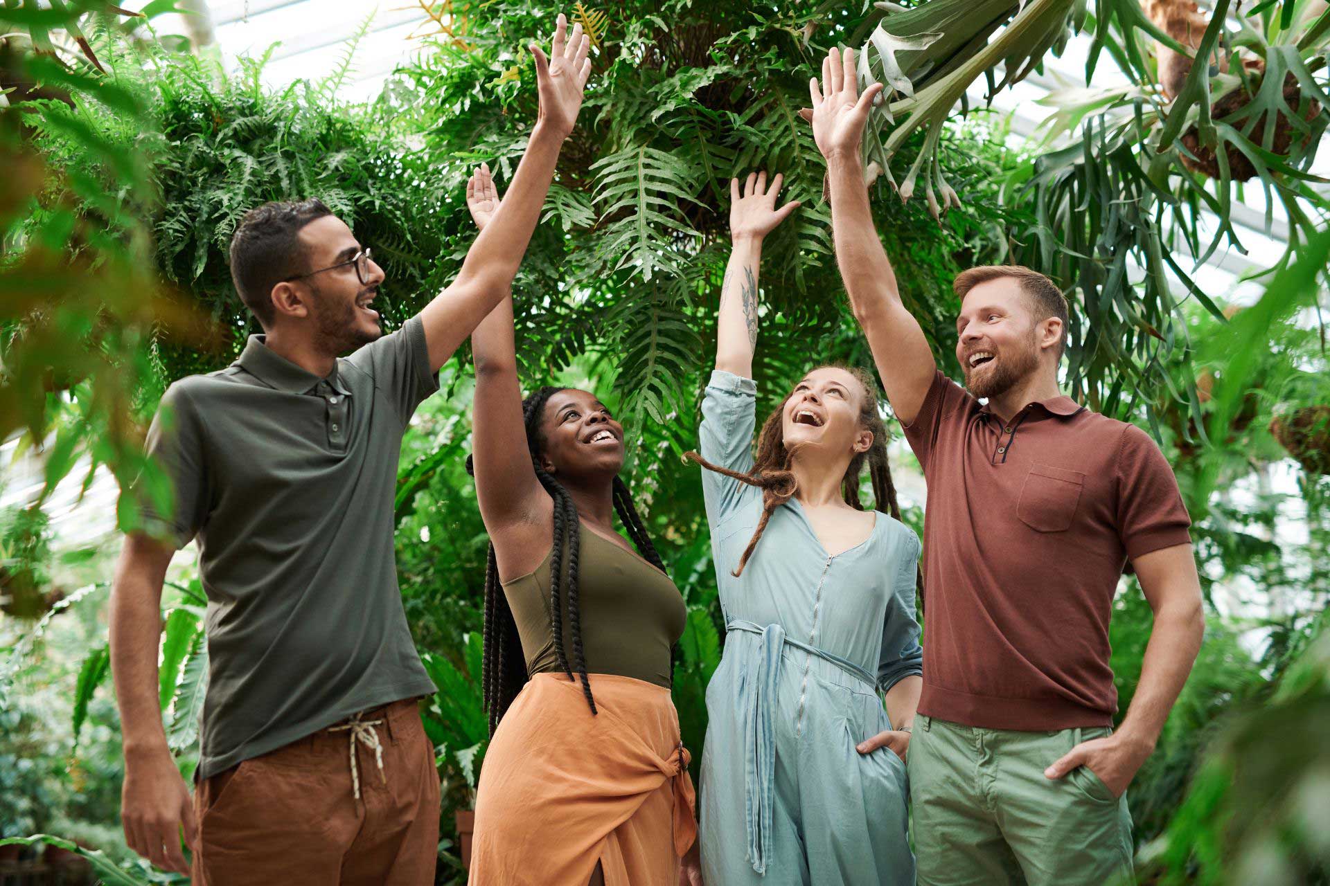 4 happy people with arms raised in a high-5. Background of green palm trees.