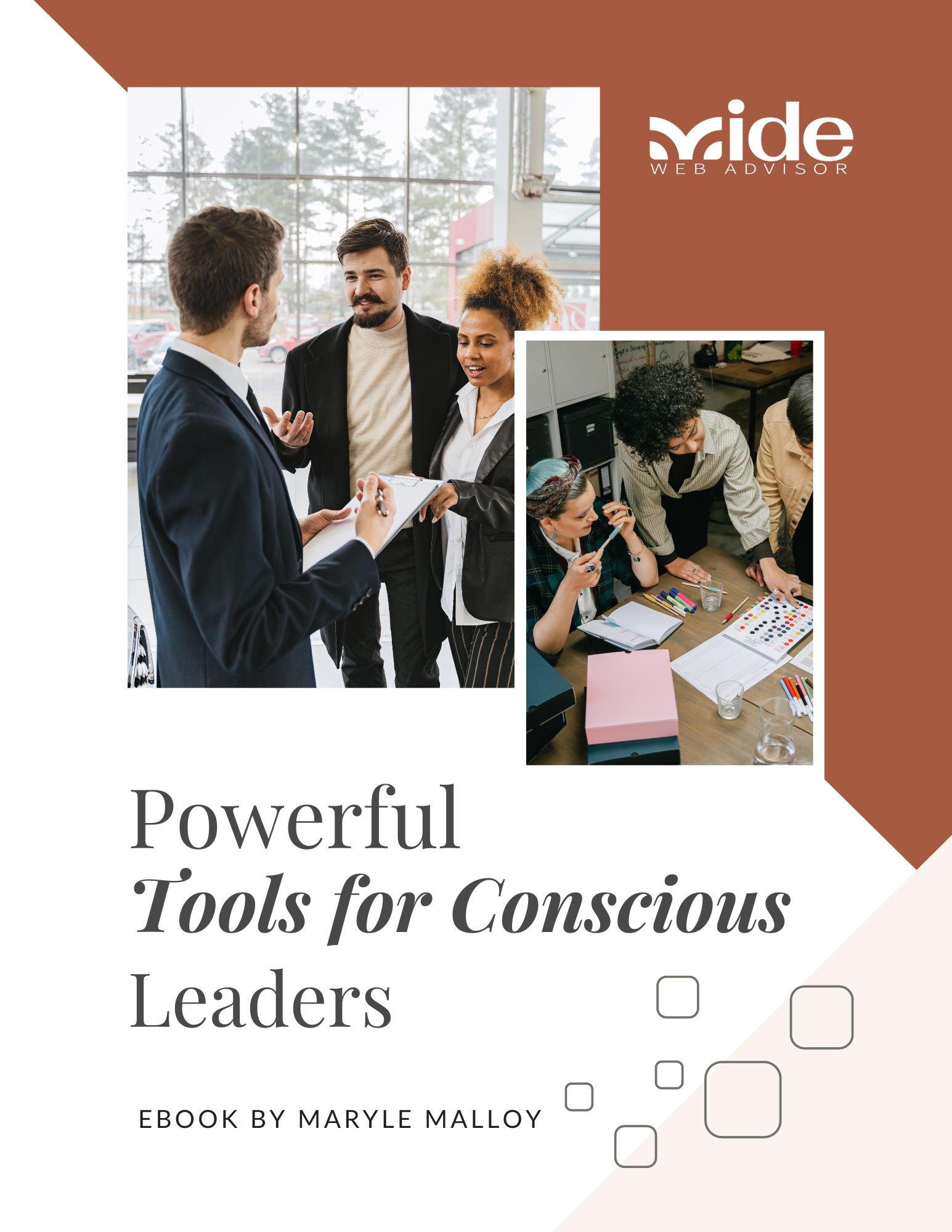 Cover for eBook Powerful Tools for Conscious Leaders. Two pictures with business people talking to each other.